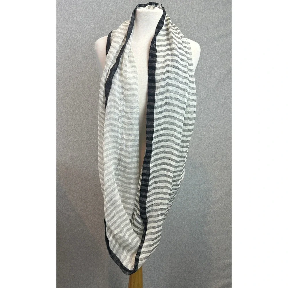 Halogen Infinity Wrap Scarf Black White Striped Linen Blend Neutral Lightweight